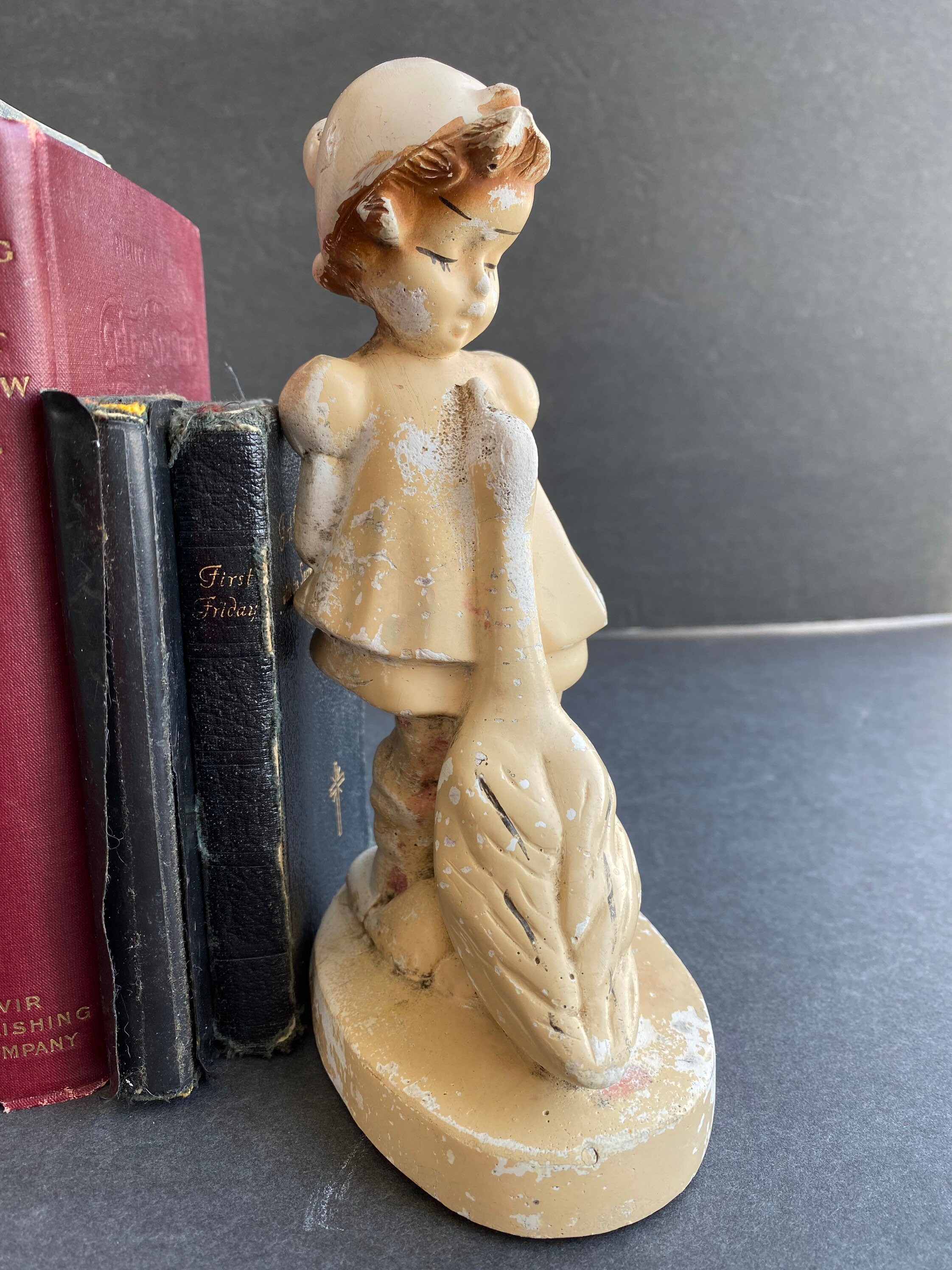 Vintage Chalkware Girl With Goose Bookends Vintage Chalk Etsy UK