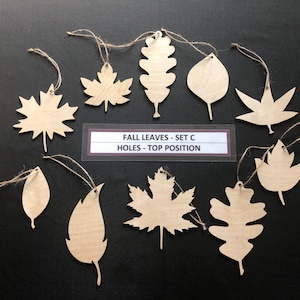 May include: A set of 10 wooden leaf cutouts with holes at the top. The leaves are in various shapes and sizes, including maple, oak, and willow. The text "FALL LEAVES - SET C HOLES - TOP POSITION" is printed on a white label.