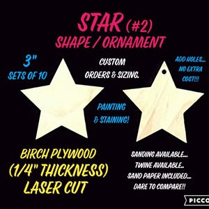Star Shape, Laser Cut, Wooden, Cutout, Bulk Orders, Custom Orders, Ornament, Blank, Unfinished, (1/4&quot;) Thick Birch