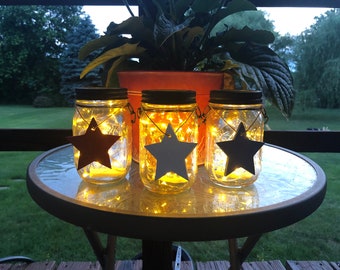 Mason Jar Luminaries, Patriotic Stars, Hangable Porch Lights Decor, 16oz Mason Jars, Set of 3
