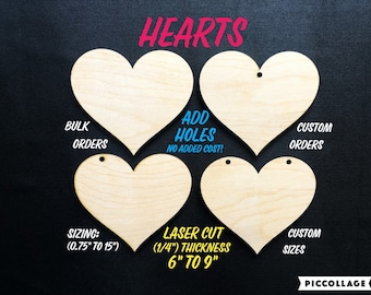 Heart Shape, Wooden, Cutout, Bulk Orders, Custom Orders, Ornament, Blanks, Unfinished, Laser Cut, (1/4in) Thick Birch