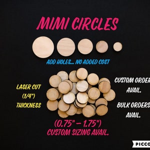 Mini Circles, Wooden, Small, Unfinished, Various Sizes, Custom Orders, Laser Cut, (1/4in) Thick Birch