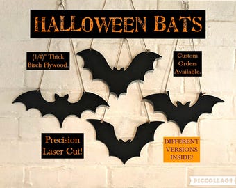 Halloween Hanging Wooden Black Bats, Laser Cut