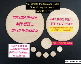 Circle Shapes - Laser Cut, Birch Plywod, Unfinished Wooden Circle Blanks, Custom Sizing, 1/4" Thickness