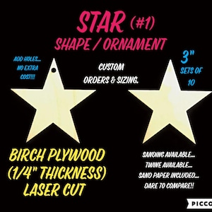 Star Shape, Laser Cut, Wooden, Cutout, Bulk Orders, Custom Orders, Ornament, Blank, Unfinished, (1/4&quot;) Thick Birch, Star (#1)
