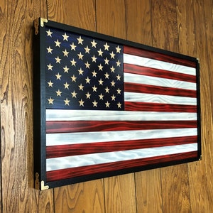 Framed Wooden American Flag, Precision Carved Stars, Oak Frame