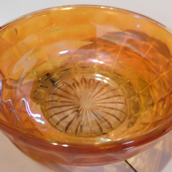 Vintage Marigold Carnival Glass Bowl with Checkerboard Design & Starburst on bottom.