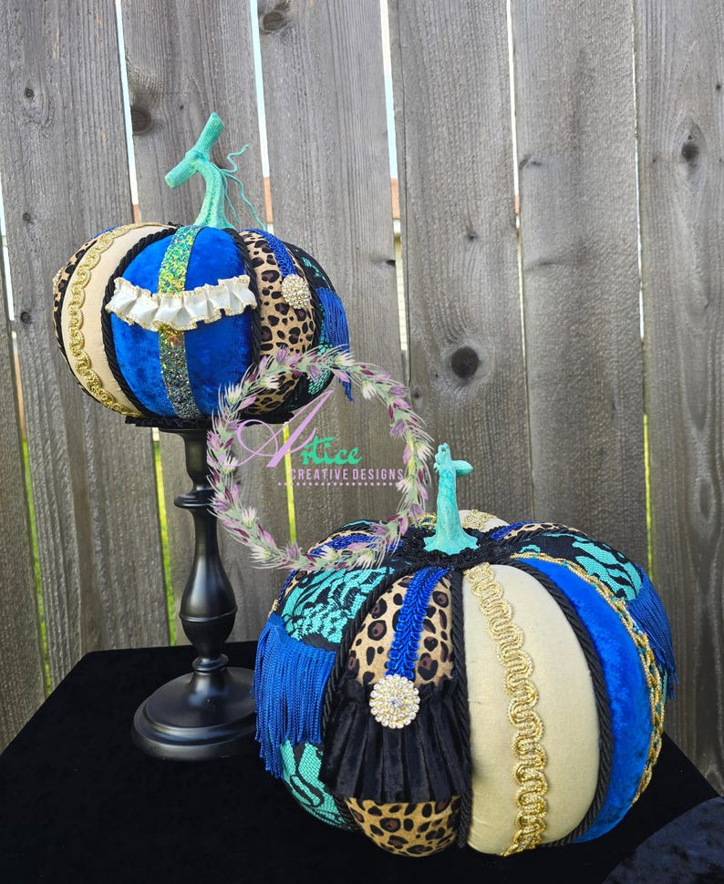 Pumpkin Ribbon Rhinestone Luxury Custom Fabric Pumpkins, Set of 2, Teal, Blue, and Leopard - Etsy
