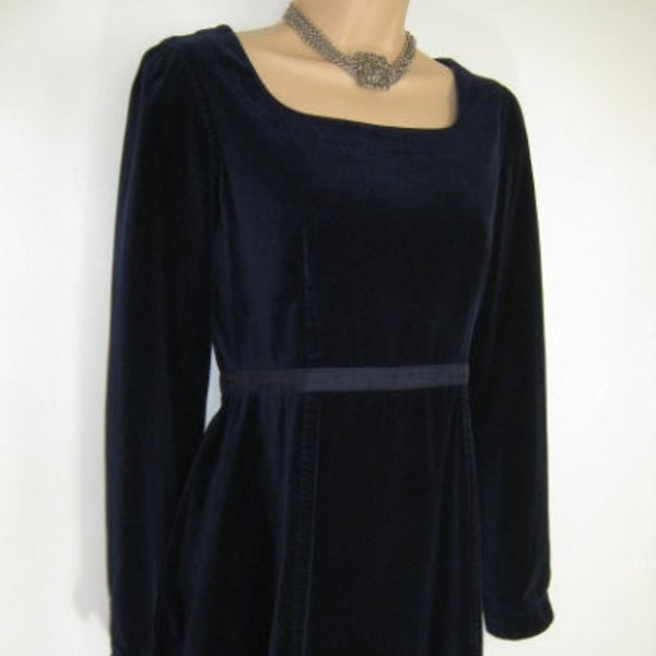 LAURA ASHLEY Vintage Midnight Blue Velvet Regency Style High Waist Long Evening Dress, UK8