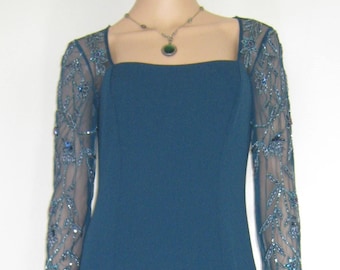ADRIANNA PAPELL Vintage Turquoise Embellished Full-Length Ball Gown / Party Cocktail Dress, UK8