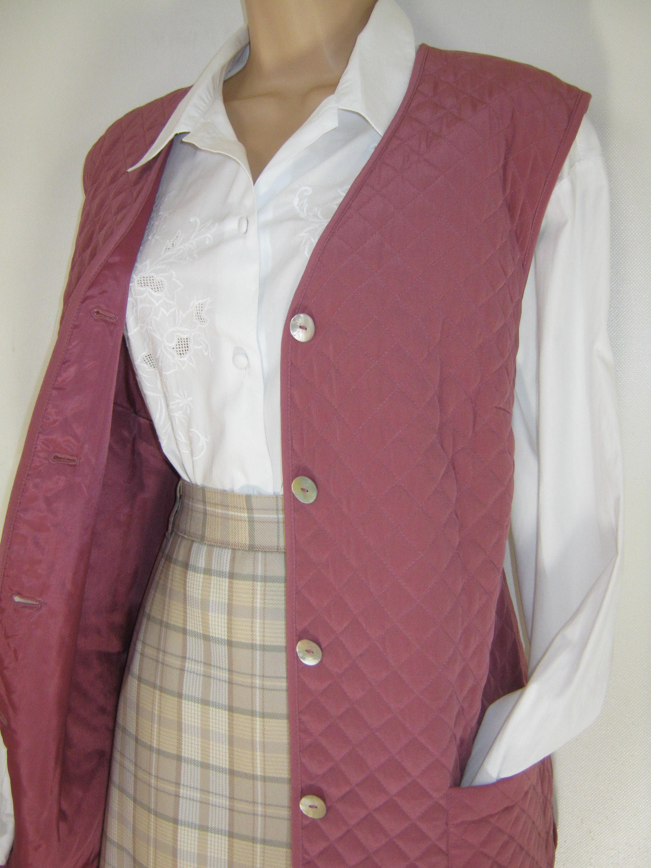 PETER HAHN Vintage Dusky Rose Country Style Quilted Silk Gilet Vest, UK16