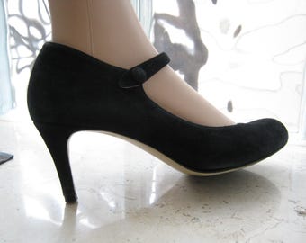 CLARKS Mary-Jane Pumps/Heels Black Suede Leather Ankle Strap, Padded Insole, UK5/6 / EU38/39 - Vintage Size - please check measurements