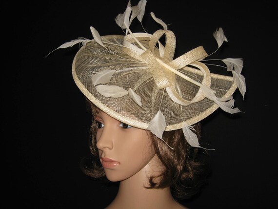Vintage Cream Feather Fascinator Base Cream Sinamay Rose Flower Feather Pillbox Hat Fascinator  main image 2