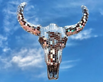 Longhorn Cow Skull Wall Art, Disco Ball Decor, 3D Wall Sculpture, Dopamine Decor, Weird Stuff, Western Decor, Funky Wall Art