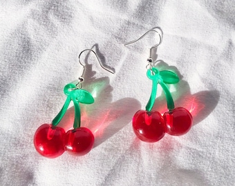 Cute Cherry Earrings - Candy Resin Jewelry - Fake Fruit Earrings - Fake Food - 90s Funny Jewelry - Kawaii Y2K Earrings - Jello Earrings