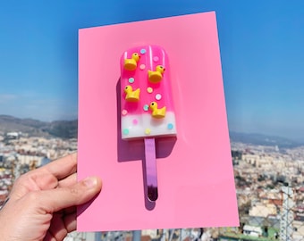 Pink Popsicle Wall Art with Sprinkles and Ducks - Candy Pop Art Sculpture - Resin Ice Cream Art - Acrylic Resin Art - Kids Room Wall Hanging
