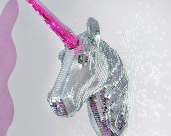 Disco Unicorn Head, Disco Ball Sculpture, Whimsical Wall Decor, Unicorn Wall Mount, Funky Wall Sculpture, Dopamine Decor,Fairy Fantasy Decor
