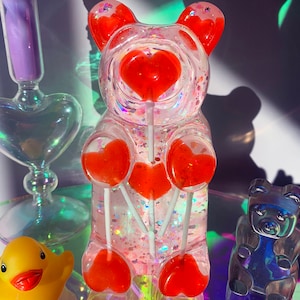 Giant Gummy Bear With Heart Lollipops - Pop Art Resin Sculpture - Gummy Bear Home Decor - Resin Art Candy Decor - Glitter Gummy Bear Bookend