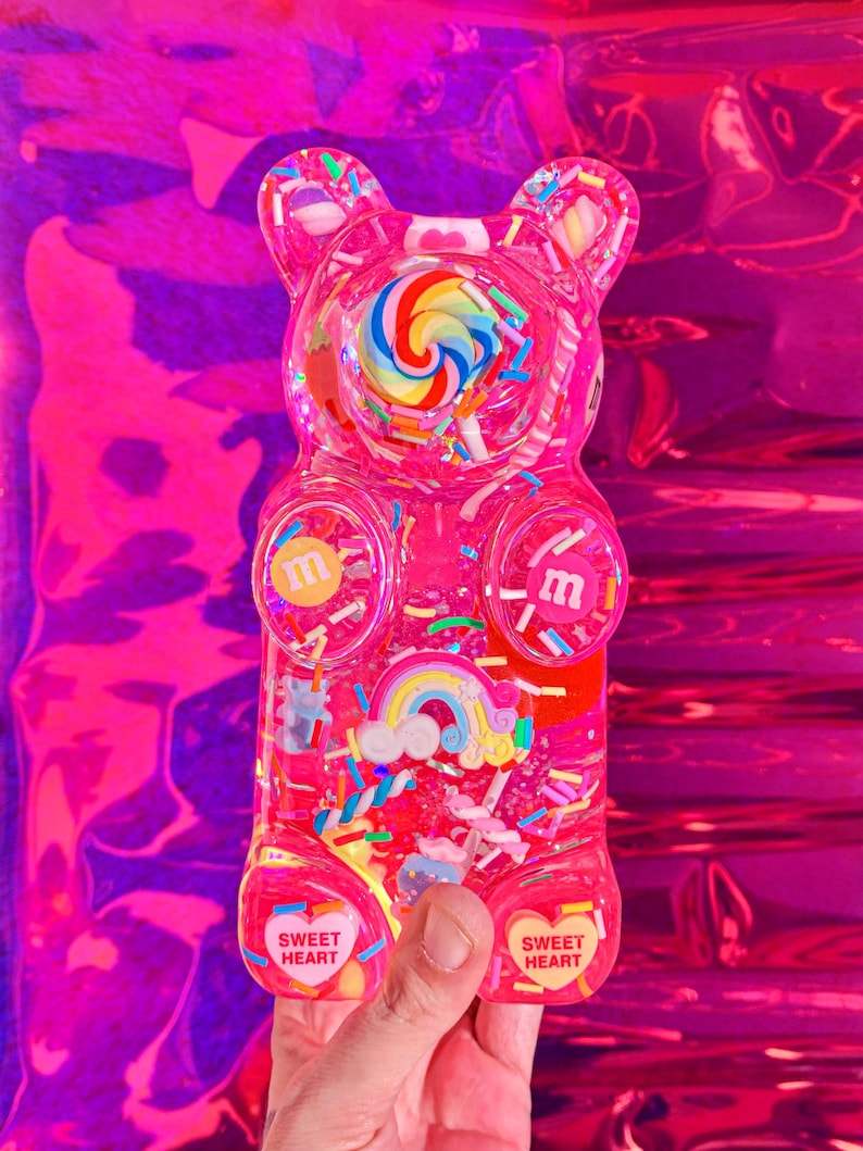 Giant resin gummy bear sculpture with fake candies - Pink pop art wall sculpture