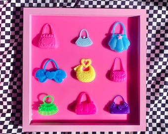 Doll Bags Wall Art, 3D Resin Wall Decor, Pink Wall Sculpture, Nostalgia Toy Art, Funky Resin Art, Pop Art Sculpture, Miniature Bags, Kitsch