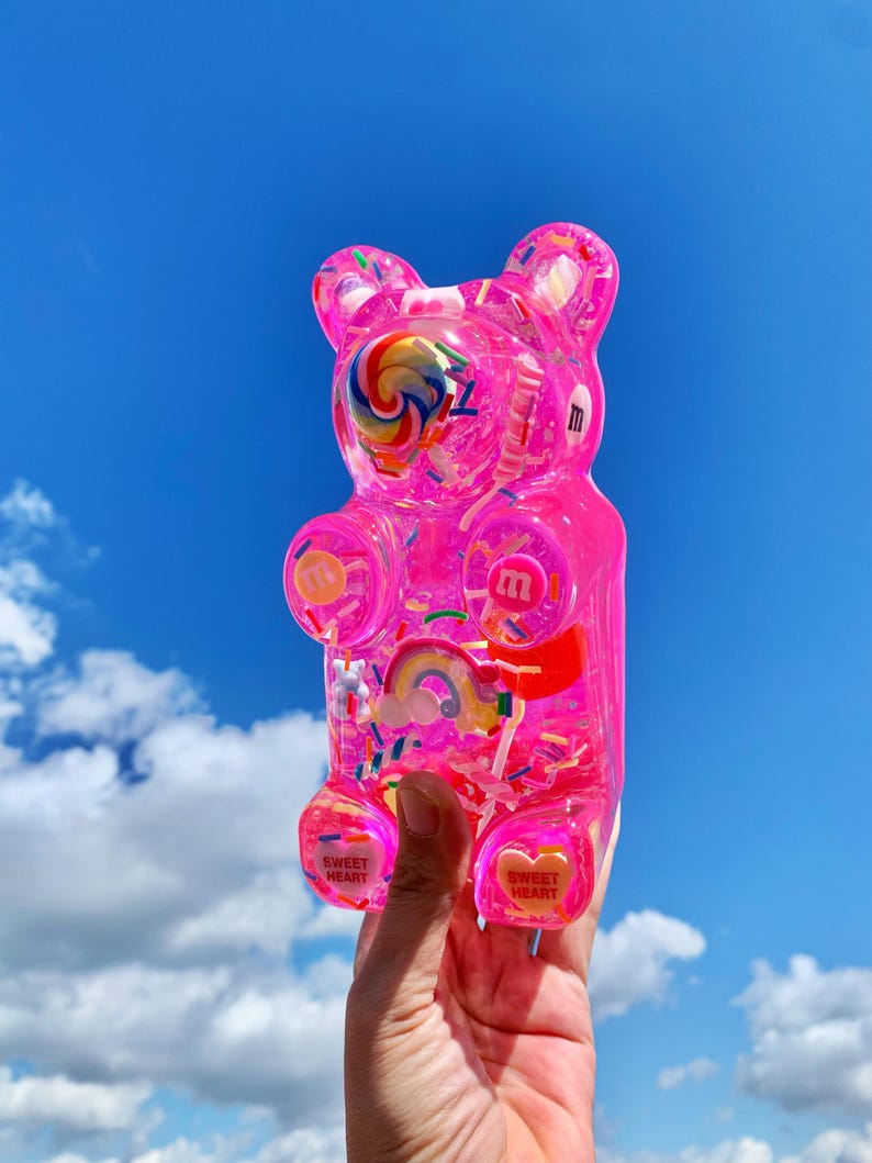 Giant resin gummy bear sculpture with fake candies - Pink pop art wall sculpture