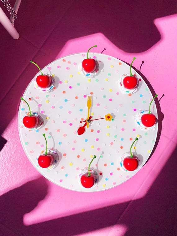 Fake Cake Wall Clock, Resin Food Art, Kitsch Kitchen Decor, Cherry Wall Art, Cute Dopamine Decor, 3D Pop Art Sculpture, Kawaii, Fun Clock