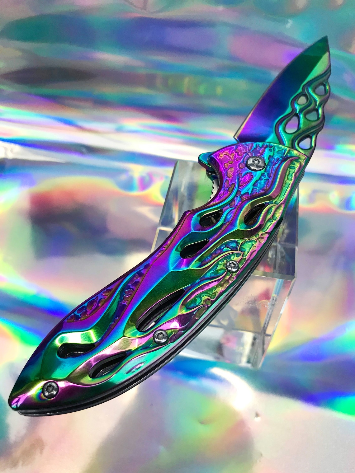Rainbow Pocket Knife With Fire Design Iridescent Pretty Etsy