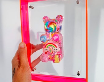 Gummy Bear Wall Art, Giant Resin Gummy Bear, Kitsch 3D Wall Art, Pop Art Sculpture, Neon Acrylic Art, Funky Decor, Neon Pink Acrylic Frame