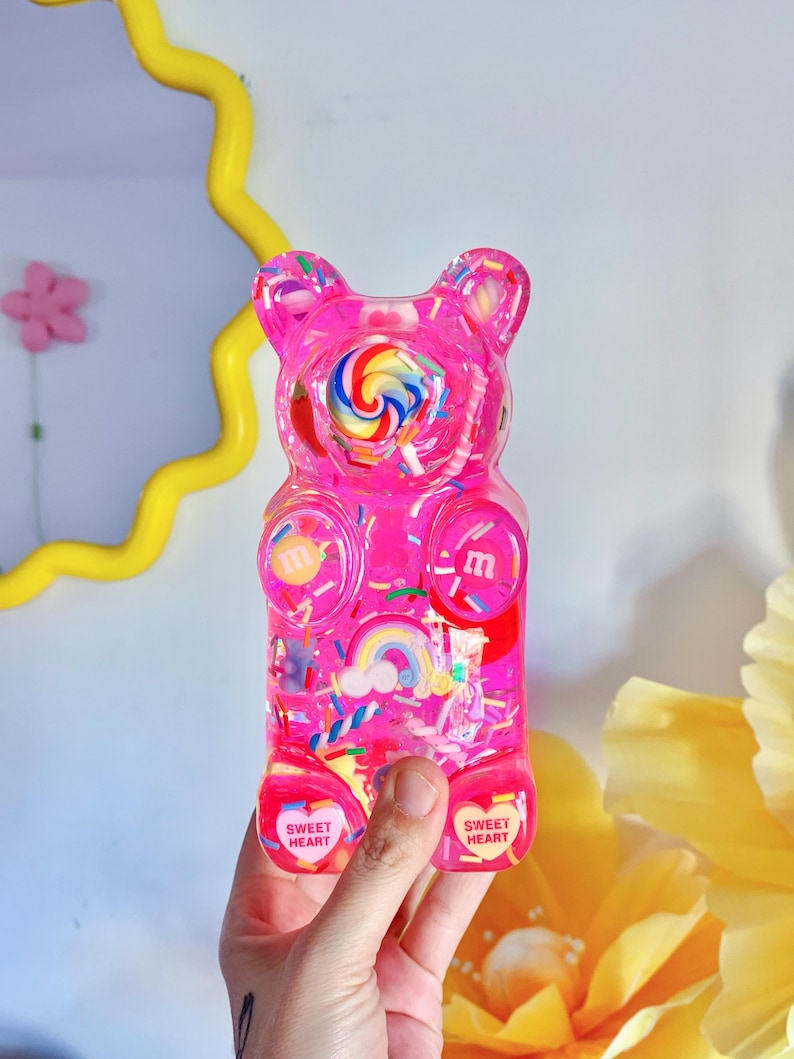 Giant resin gummy bear sculpture with fake candies - Pink pop art wall sculpture