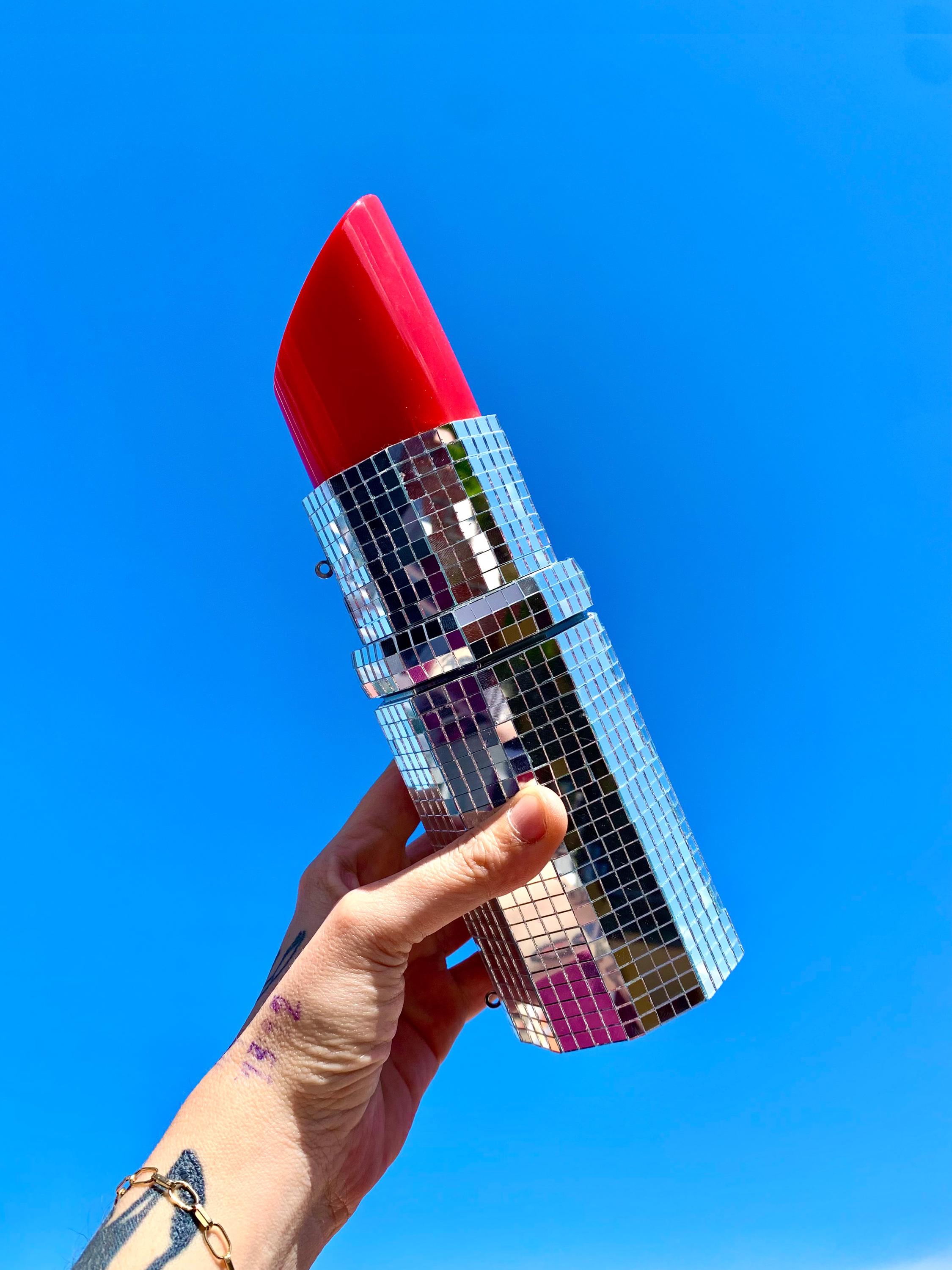 Giant Disco Lipstick, Disco Ball Sculpture, Mirror Ball Decor, 3D