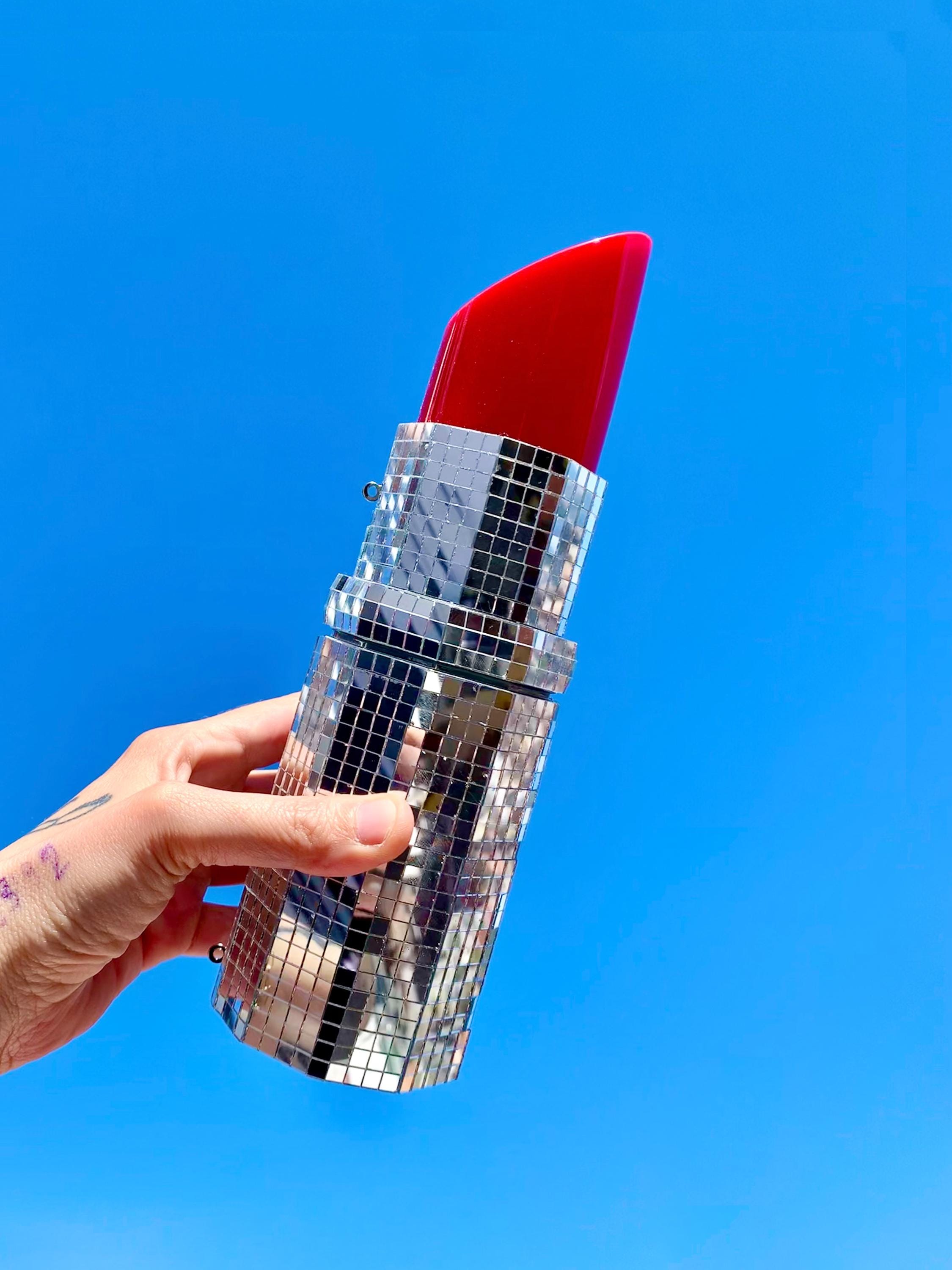Giant Disco Lipstick, Disco Ball Sculpture, Mirror Ball Decor, 3D