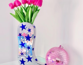 CUSTOM Giant Disco Cowboy Boot, Disco Ball Wall Art, Mirror Ball Planter, Cowgirl Art, 3D Sculpture, Funky Flower Vase, Cute Dopamine Decor