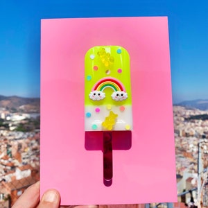 Yellow Popsicle Wall Art with Gummy Bears, Sprinkles & Rainbow - Candy Pop Art Sculpture - Resin Ice Cream Decor - Wall Hanging Acrylic Art