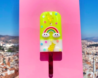 Yellow Popsicle Wall Art with Gummy Bears, Sprinkles & Rainbow - Candy Pop Art Sculpture - Resin Ice Cream Decor - Wall Hanging Acrylic Art