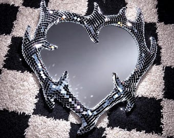 Flame Heart Mirror - Quirky Disco Ball Decor - Funky Wall Mirror - Dopamine Decor - Tattoo Wall Art - Y2K Room Decor - Cyber Sigilism Art