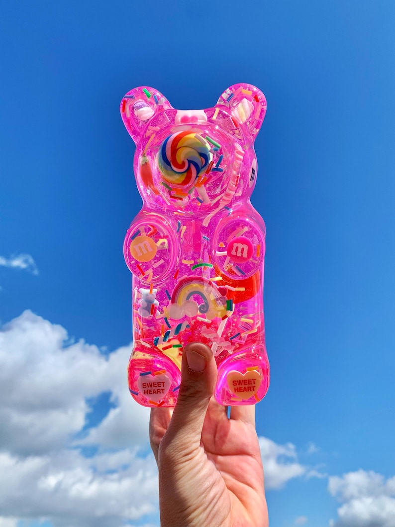 Giant resin gummy bear sculpture with fake candies - Pink pop art wall sculpture