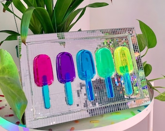 Arte de parede em 3D de picolé, escultura de arte pop disco, comida falsa de resina, decoração dopamina, arte de parede maximalista, decoração de casa descolada, sorvete arco-íris