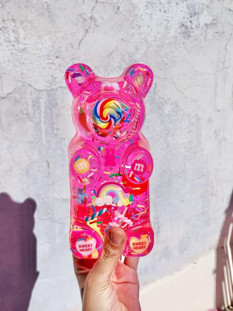 Giant resin gummy bear sculpture with fake candies - Pink pop art wall sculpture