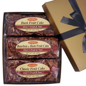 Jane Parker Fruitcake Triple Delight Fruit Cake Assortment, 3 Pound Gift Box, Dark, Bourbon & Rum, Classic (Packaging may vary)
