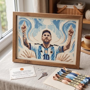 Puede incluir: Un retrato en punto de cruz enmarcado de Lionel Messi con una camiseta a rayas azules y blancas con el número 10, con los brazos levantados en celebración sobre un fondo azul arremolinado. Incluye una tarjeta informativa y hilo.