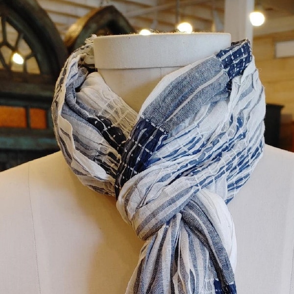 Blue & White Scrunch Scarf | 100% Soft Rayon I Colorful Scarf, Shawl, or Headwrap