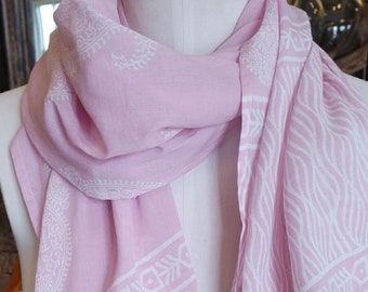 Light Pink Color I Block-Printed Lightweight Cotton Scarf | Summer Scarf I Wedding Scarf