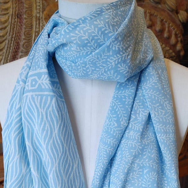 Baby Blue Color I Block-Printed Lightweight Cotton Scarf | Summer Scarf I Wedding Scarf