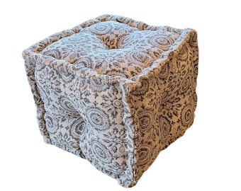 Hand Block Printed Grey, Blue & Natural Cotton Pouf