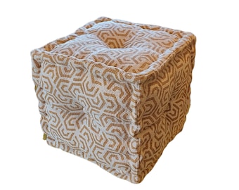 Hand Block Printed Square Cotton Pouf in Geometric Goldenrod Color