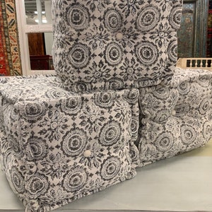 Hand Block Printed Grey, Blue & Natural Cotton Pouf