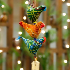 Large set of Three Prosperity Hens – Handcrafted Hanging Talisman of Abundance | Upcycled Fabric Birds with Beads & Bell