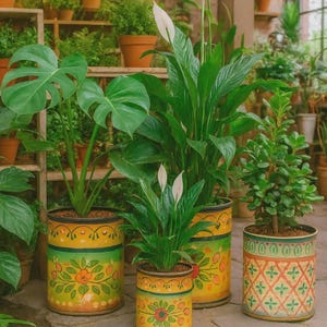 Puede incluir: Una colección de plantas en macetas, incluyendo Monstera y lirios de la paz, en un invernadero luminoso. Las plantas están en macetas decorativas, pintadas a mano en amarillo y verde con diseños florales. Las macetas varían en tamaño.