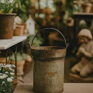 Może przedstawiać: Zardzewiałe, cylindryczne metalowe wiadro z zakrzywionym uchwytem. Wiadro ma rustykalny, postarzany wygląd z widocznymi śladami użytkowania. Tło przedstawia zieleń i inne elementy ogrodu.