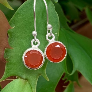 Carnelian Round Faceted 7mm Drop Earring I Bezel Setting I Sterling Silver